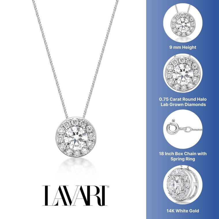 0.75 Carat Lab Grown Diamond Round Halo Pendant Necklace for Women in 14k White Gold on 18 Inch Chain (G-H, SI1) Spring Ring 