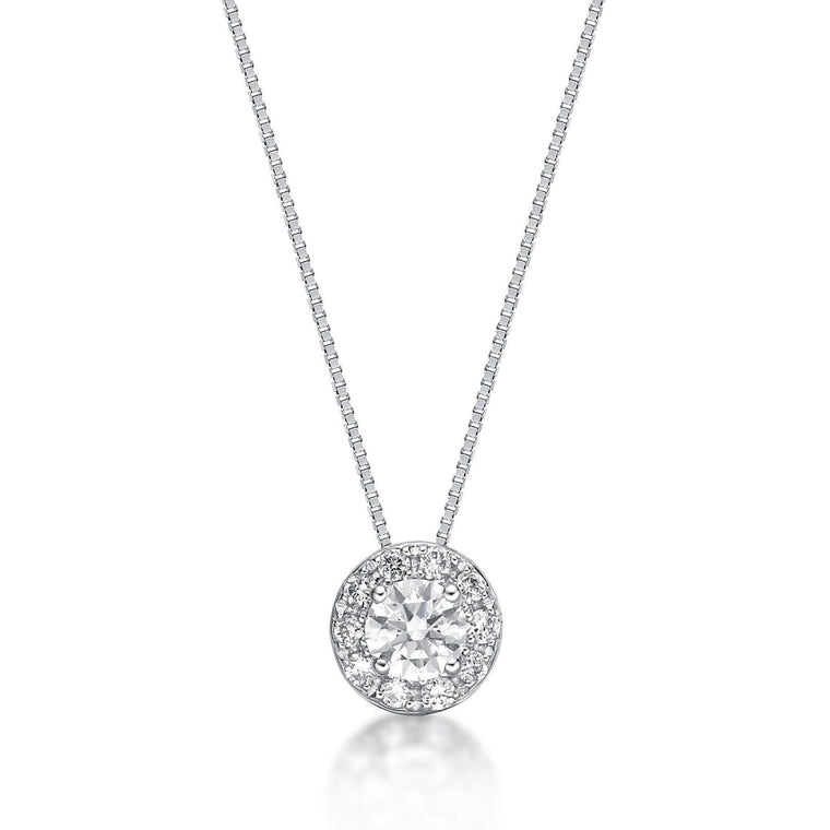 1.00 Carat Lab Grown Diamond Round Halo Pendant Necklace for Women in 14k White Gold on 18 Inch Chain (G-H, 12-13) Spring Ring 