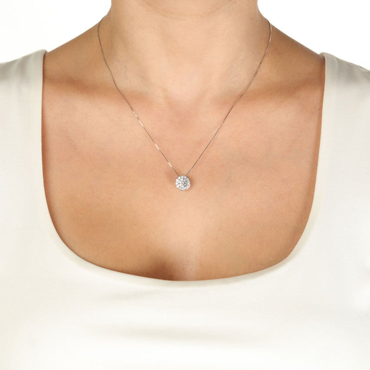 1.00 Carat Lab Grown Diamond Round Halo Pendant Necklace for Women in 14k White Gold on 18 Inch Chain (G-H, 12-13) Spring Ring 
