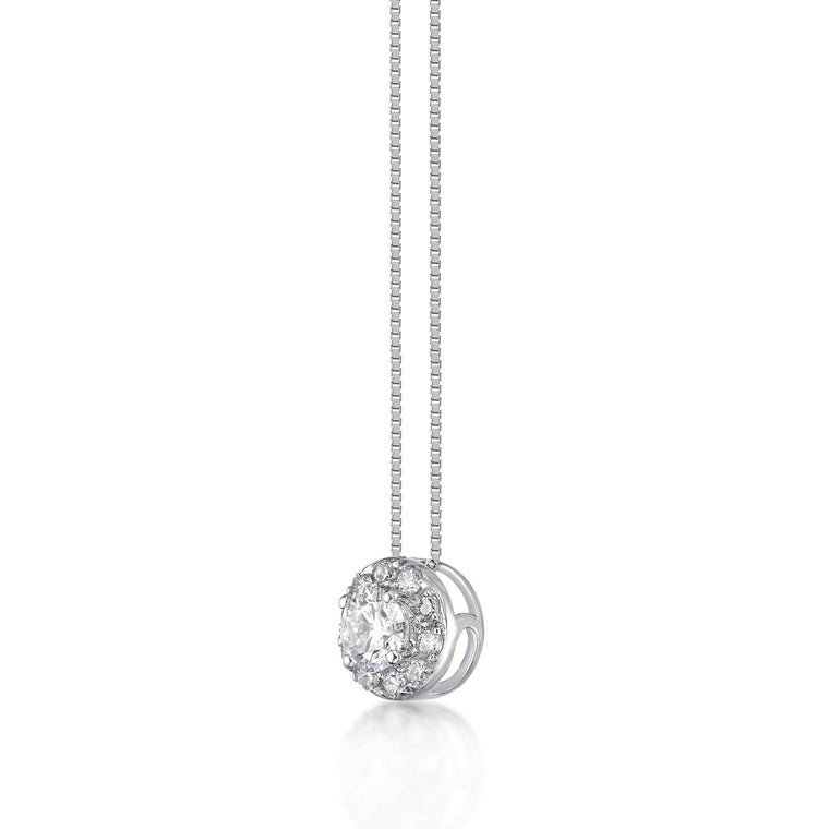 1.00 Carat Lab Grown Diamond Round Halo Pendant Necklace for Women in 14k White Gold on 18 Inch Chain (G-H, 12-13) Spring Ring 