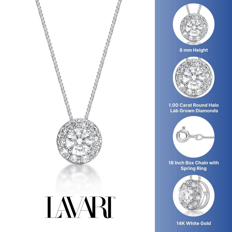 1.00 Carat Lab Grown Diamond Round Halo Pendant Necklace for Women in 14k White Gold on 18 Inch Chain (G-H, 12-13) Spring Ring 