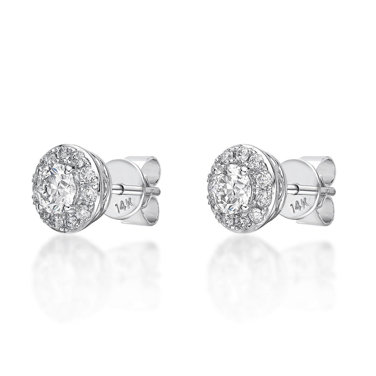0.75 Carat Lab Grown Diamond Round Halo Stud Earrings for Women in 14k White Gold (G-H, VS2-SI1) Post With Friction Back 