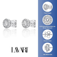 0.75 Carat Lab Grown Diamond Round Halo Stud Earrings for Women in 14k White Gold (G-H, VS2-SI1) Post With Friction Back 