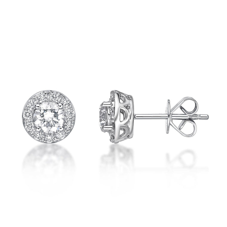 1.00 Carat Lab Grown Diamond Round Halo Stud Earrings for Women in 14k White Gold (G-H, SI1) Post With Friction Back 