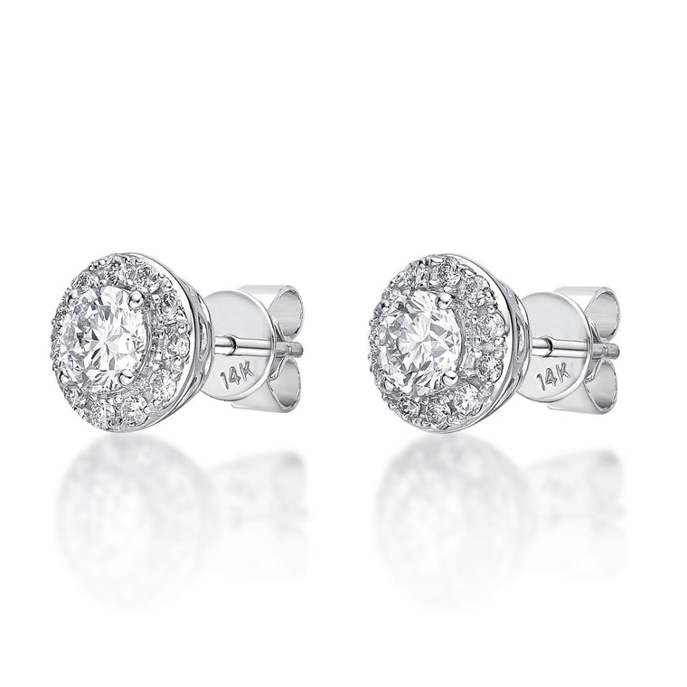 1.00 Carat Lab Grown Diamond Round Halo Stud Earrings for Women in 14k White Gold (G-H, SI1) Post With Friction Back 