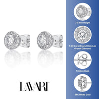 1.00 Carat Lab Grown Diamond Round Halo Stud Earrings for Women in 14k White Gold (G-H, SI1) Post With Friction Back 