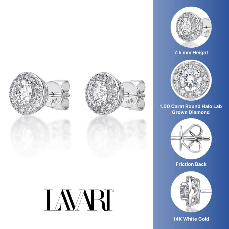 1.00 Carat Lab Grown Diamond Round Halo Stud Earrings for Women in 14k White Gold (G-H, SI1) Post With Friction Back 