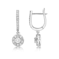 0.50 Carat Lab Grown Diamond Round Halo Dangle Earrings for Women in 14k White Gold (G-H, VS2-SI1) Hinged Hoop 