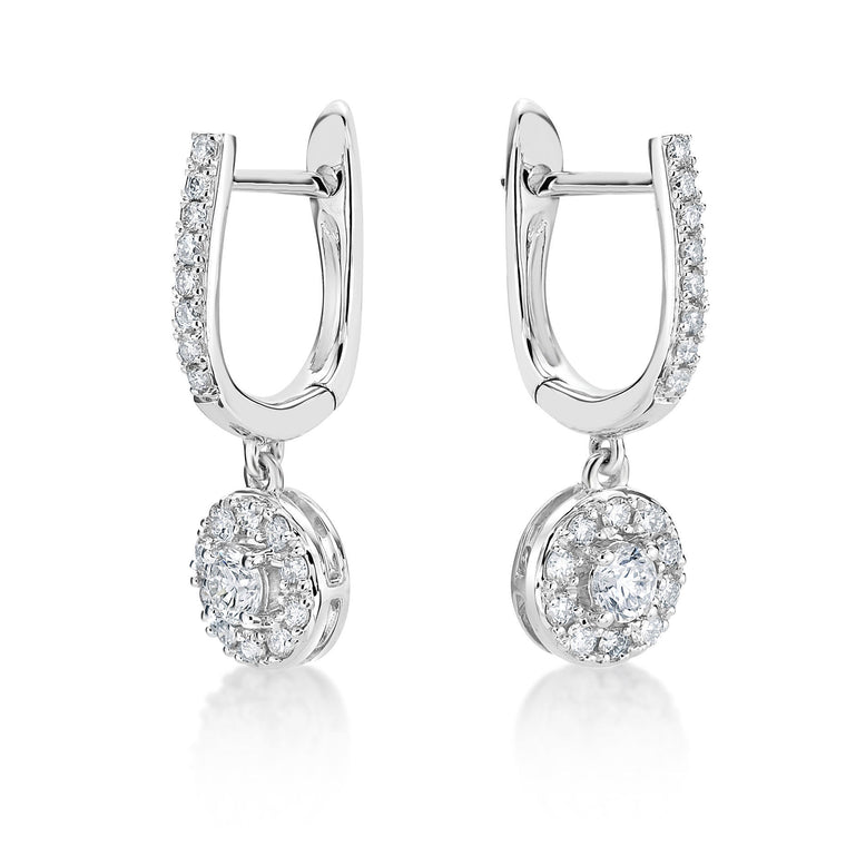 0.50 Carat Lab Grown Diamond Round Halo Dangle Earrings for Women in 14k White Gold (G-H, VS2-SI1) Hinged Hoop 
