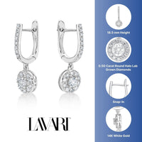 0.50 Carat Lab Grown Diamond Round Halo Dangle Earrings for Women in 14k White Gold (G-H, VS2-SI1) Hinged Hoop 