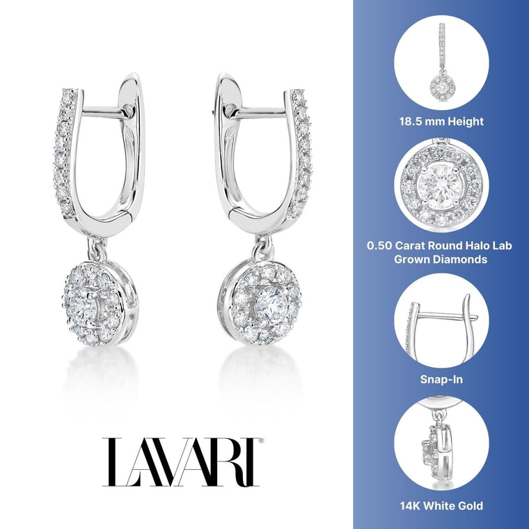 0.50 Carat Lab Grown Diamond Round Halo Dangle Earrings for Women in 14k White Gold (G-H, VS2-SI1) Hinged Hoop 
