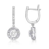 1.00 Carat Lab Grown Diamond Round Halo Dangle Earrings for Women in 14k White Gold (G-H, VS2-SI1) Hinged Hoop 