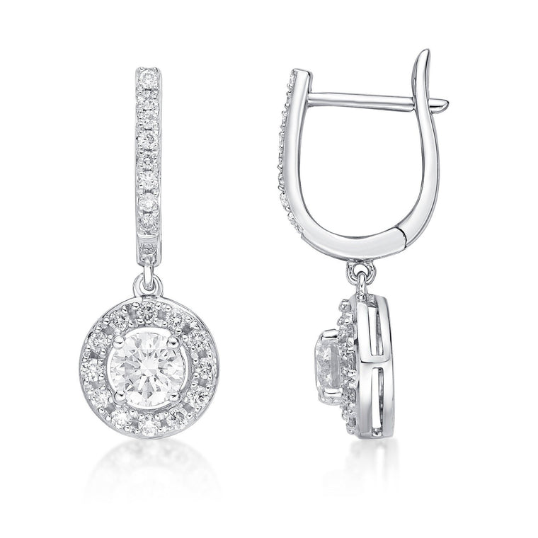 1.00 Carat Lab Grown Diamond Round Halo Dangle Earrings for Women in 14k White Gold (G-H, VS2-SI1) Hinged Hoop 