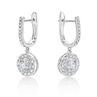 1.00 Carat Lab Grown Diamond Round Halo Dangle Earrings for Women in 14k White Gold (G-H, VS2-SI1) Hinged Hoop 