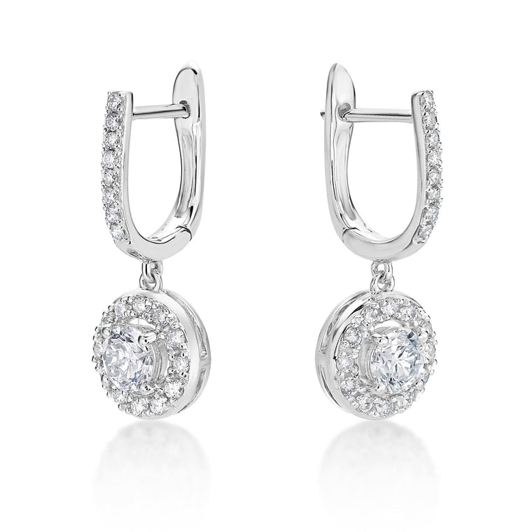 1.00 Carat Lab Grown Diamond Round Halo Dangle Earrings for Women in 14k White Gold (G-H, VS2-SI1) Hinged Hoop 