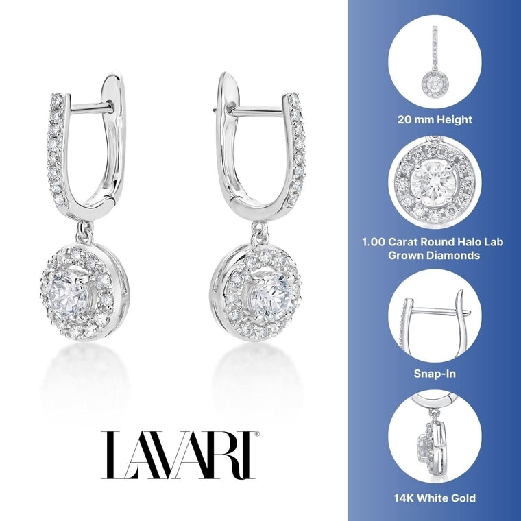 1.00 Carat Lab Grown Diamond Round Halo Dangle Earrings for Women in 14k White Gold (G-H, VS2-SI1) Hinged Hoop 