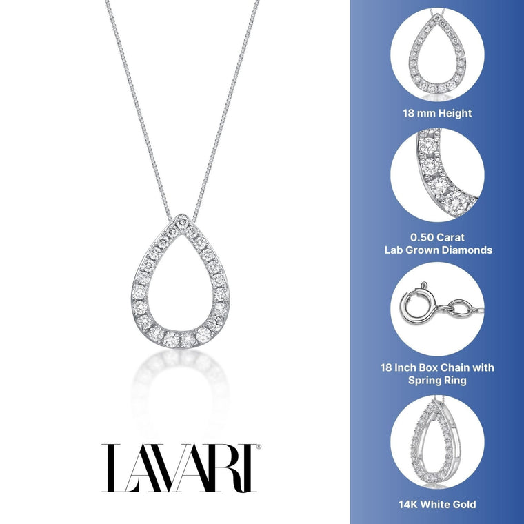 0.50 Carat Lab Grown Diamond Teardrop Pendant Necklace for Women in 14k White Gold on 18 Inch Chain (G-H, SI1-SI2) Spring Ring 