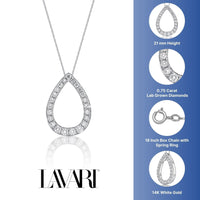 0.75 Carat Lab Grown Diamond Teardrop Pendant Necklace for Women in 14k White Gold on 18 Inch Chain (G-H, SI1-SI2) Spring Ring 