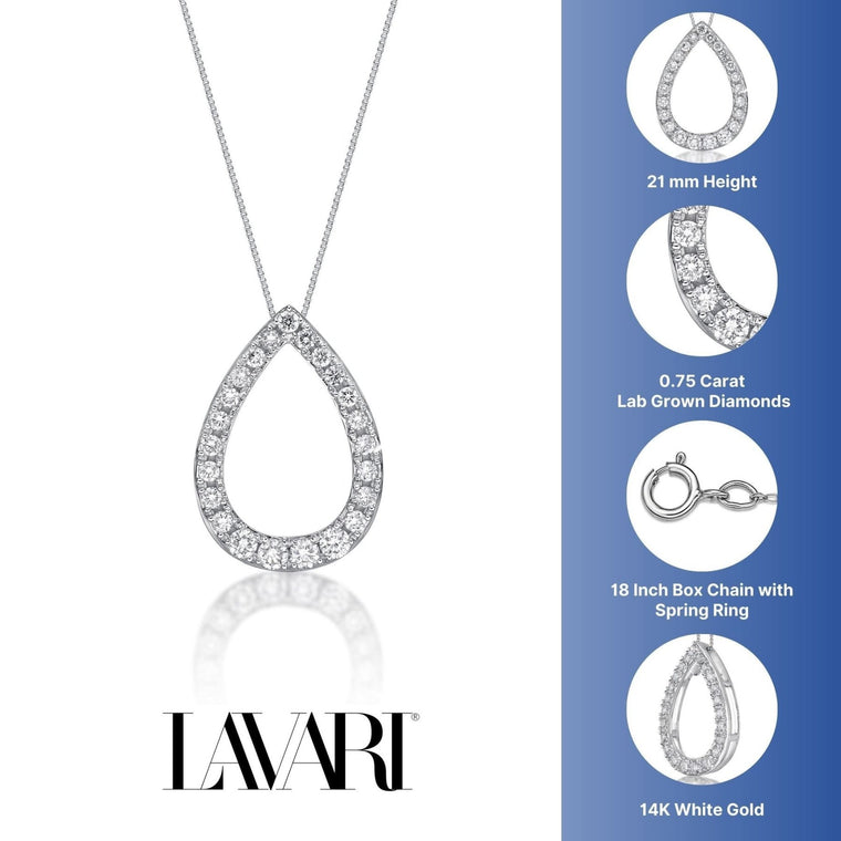 0.75 Carat Lab Grown Diamond Teardrop Pendant Necklace for Women in 14k White Gold on 18 Inch Chain (G-H, SI1-SI2) Spring Ring 