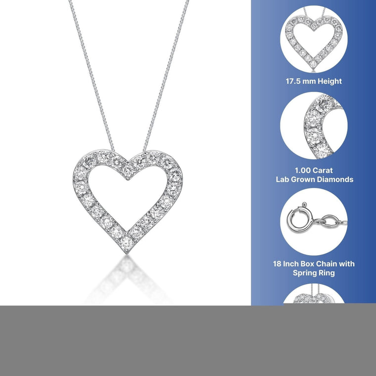 1.00 Carat Lab Grown Diamond Heart Pendant Necklace for Women in 14k White Gold on 18 Inch Chain (G-H, SI1-I2) Spring Ring 