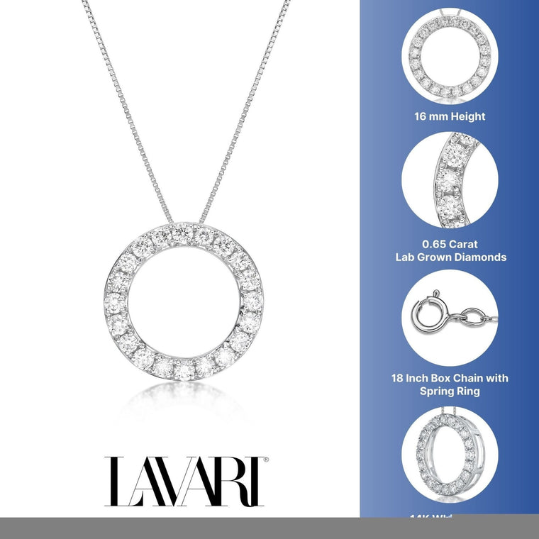 0.65 Carat Lab Grown Diamond Circle of Life Pendant Necklace for Women in 14k White Gold on 18 Inch Chain (G-H, SI1-SI2) Spring Ring 