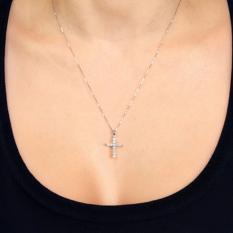 0.50 Carat Lab Grown Diamond Cross Pendant Necklace for Women in 14k White Gold on 18 Inch Chain (G-H, I1-I2) Spring Ring 