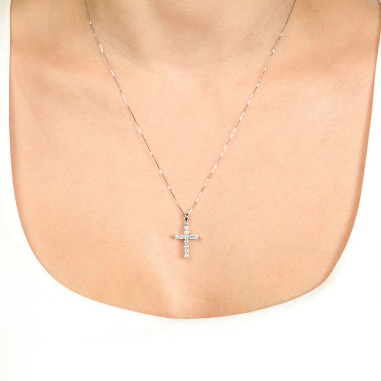 0.50 Carat Lab Grown Diamond Cross Pendant Necklace for Women in 14k White Gold on 18 Inch Chain (G-H, I1-I2) Spring Ring 