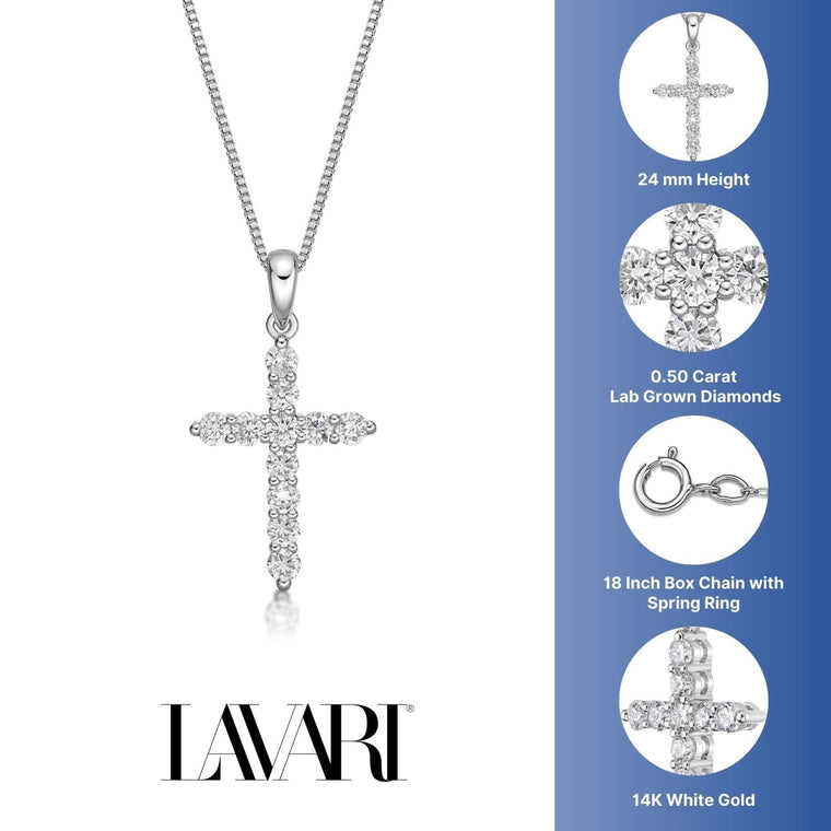 0.50 Carat Lab Grown Diamond Cross Pendant Necklace for Women in 14k White Gold on 18 Inch Chain (G-H, I1-I2) Spring Ring 