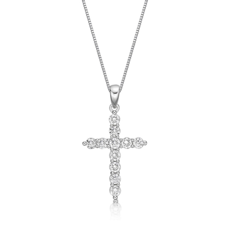 1.00 Carat Lab Grown Diamond Cross Pendant Necklace for Women in 14k White Gold on 18 Inch Chain (G-H, I2-I3) Spring Ring 