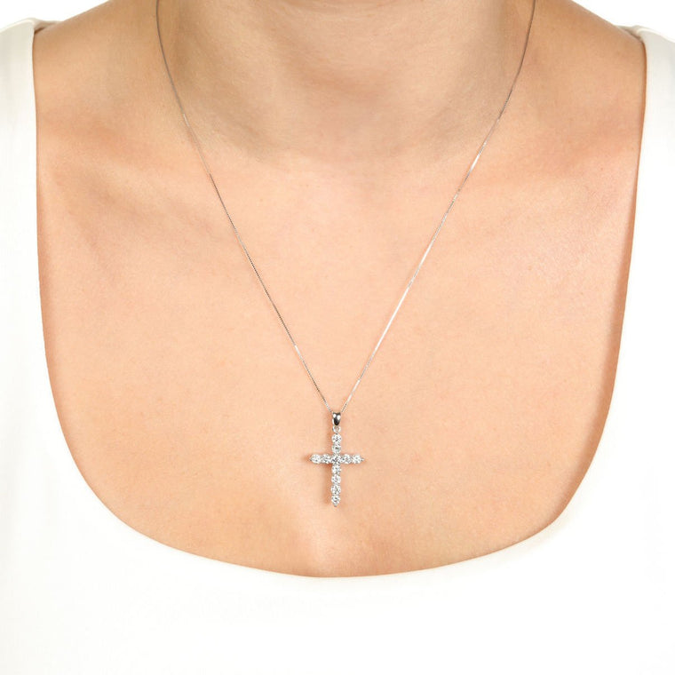 1.00 Carat Lab Grown Diamond Cross Pendant Necklace for Women in 14k White Gold on 18 Inch Chain (G-H, I2-I3) Spring Ring 