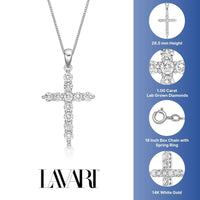 1.00 Carat Lab Grown Diamond Cross Pendant Necklace for Women in 14k White Gold on 18 Inch Chain (G-H, I2-I3) Spring Ring 