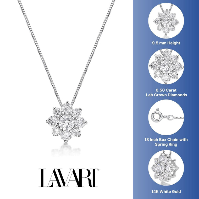 0.50 Carat Lab Grown Diamond Flower Pendant Necklace for Women in 14k White Gold on 18 Inch Chain (G-H, I1-I2) Spring Ring 