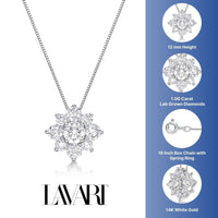 1.00 Carat Lab Grown Diamond Flower Pendant Necklace for Women in 14k White Gold on 18 Inch Chain (G-H, I1-I2) Spring Ring 