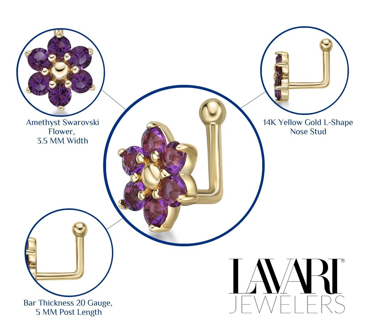 14K Swarovski Crystal L-Shaped Nose Ring - 20G