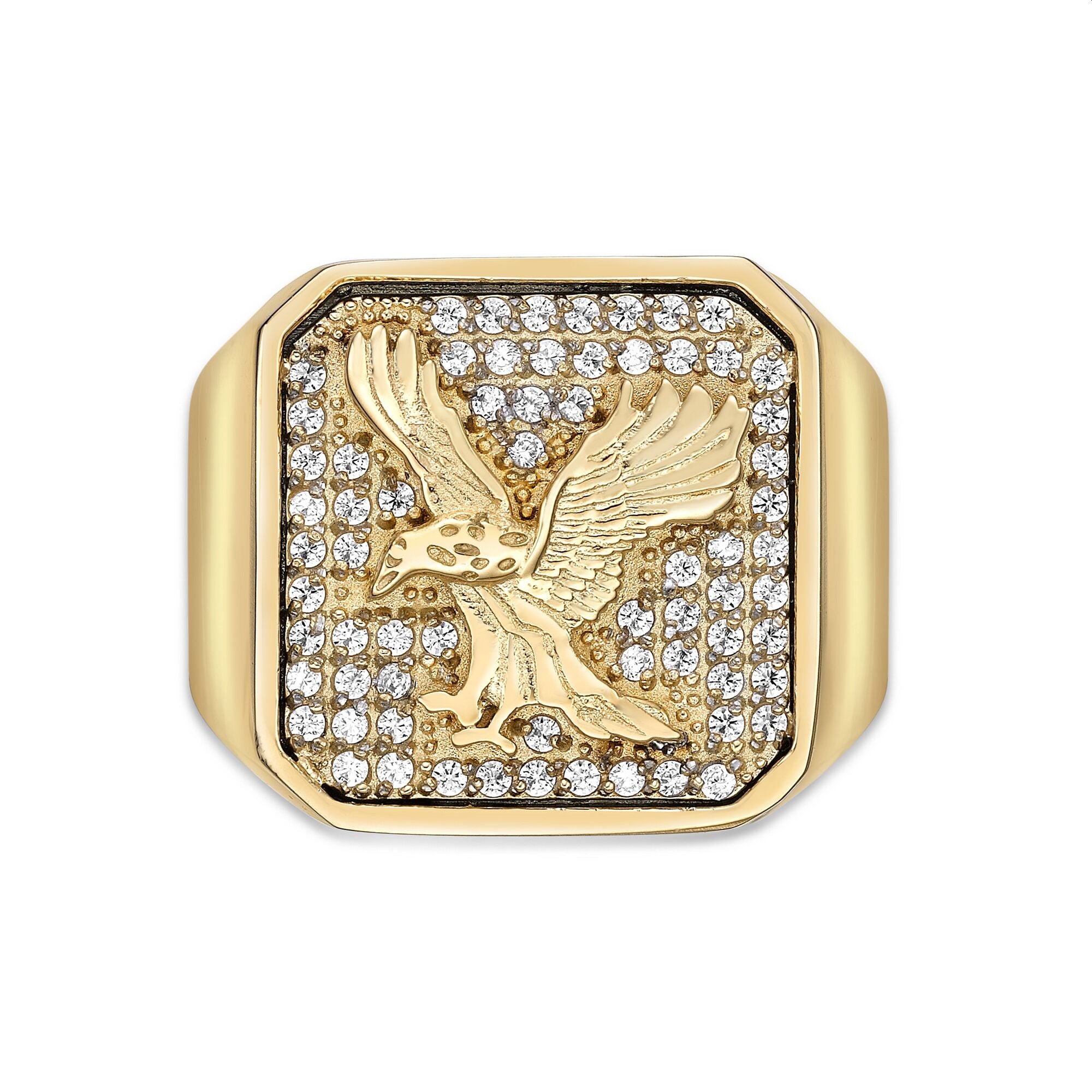Eagle Signet Ring with Cubic Zirconia in Gold-Tone Ion-Plated Stainless Steel