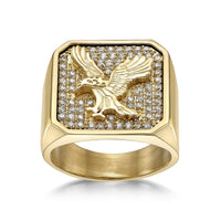 Eagle Signet Ring with Cubic Zirconia in Gold-Tone Ion-Plated Stainless Steel
