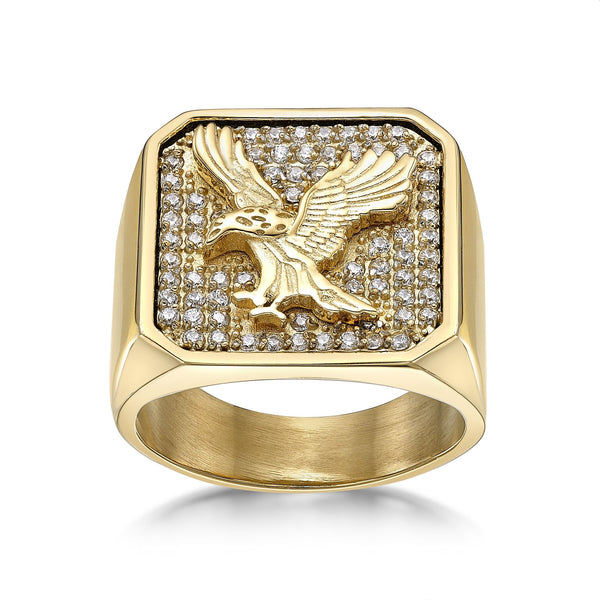 Eagle Signet Ring with Cubic Zirconia in Gold-Tone Ion-Plated Stainless Steel