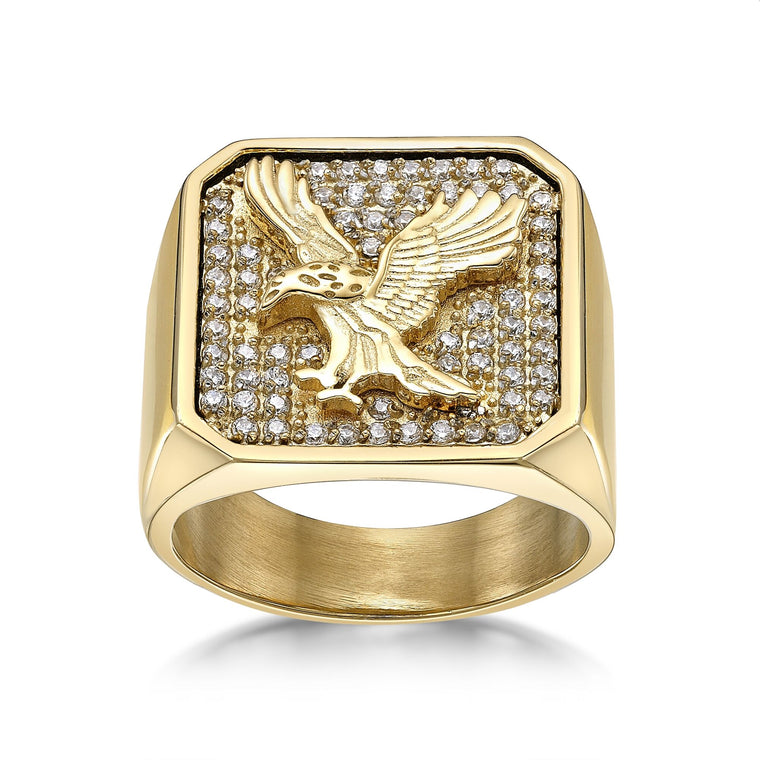 Eagle Signet Ring with Cubic Zirconia in Gold-Tone Ion-Plated Stainless Steel