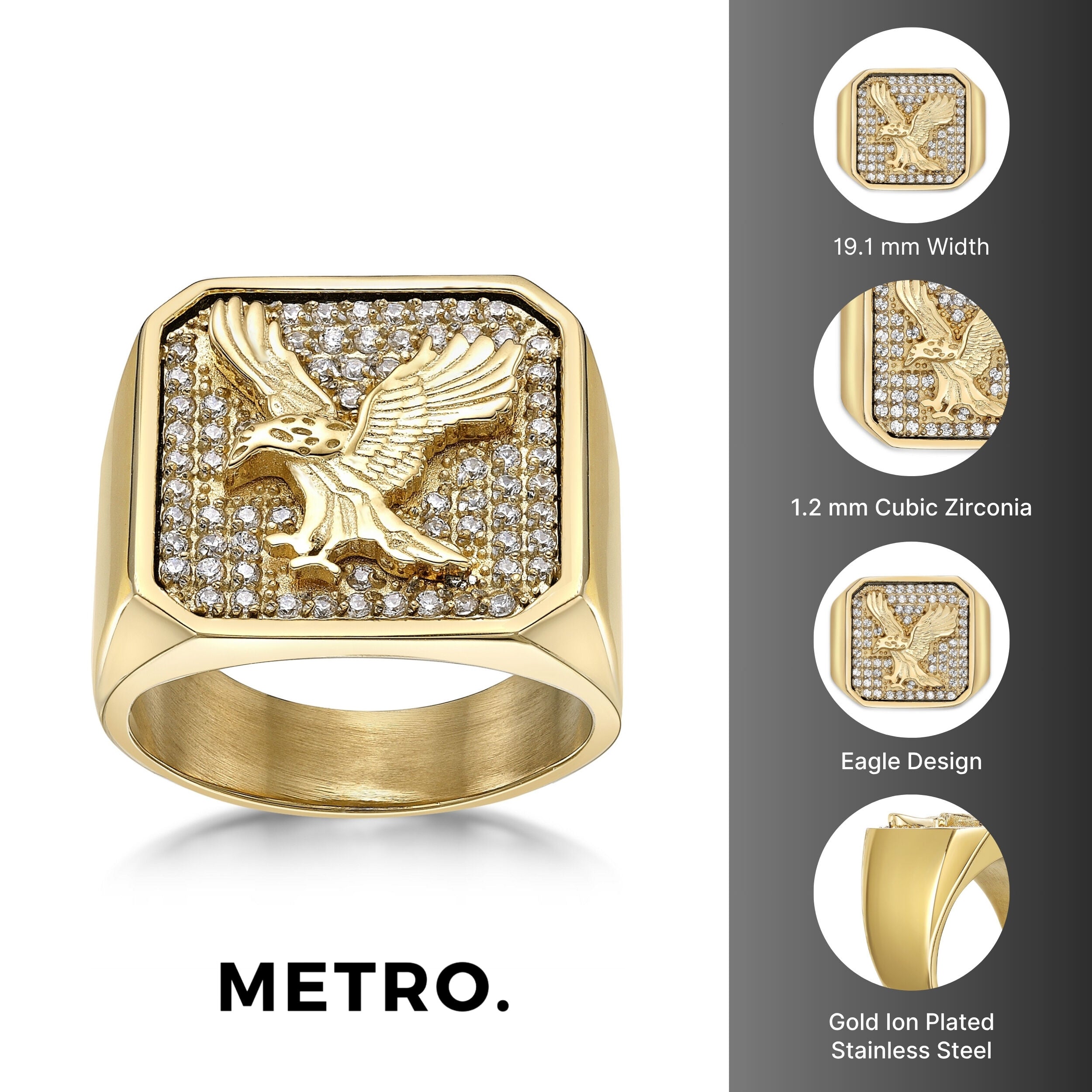 Eagle Signet Ring with Cubic Zirconia in Gold-Tone Ion-Plated Stainless Steel