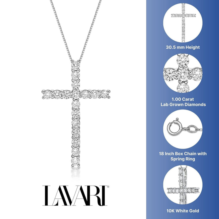 1.00 Carat Lab Grown Diamond Cross Pendant Necklace for Women in 10k White Gold on 18 Inch Box Chain (G-H, VS2-SI1) Spring Ring 