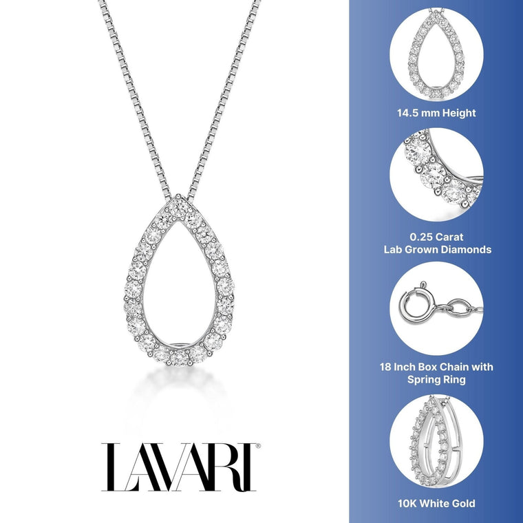0.25 Carat Lab Grown Diamond Teardrop Pendant Necklace for Women in 10k White Gold on 18 Inch Chain (G-H, VS2-SI1) Spring Ring 
