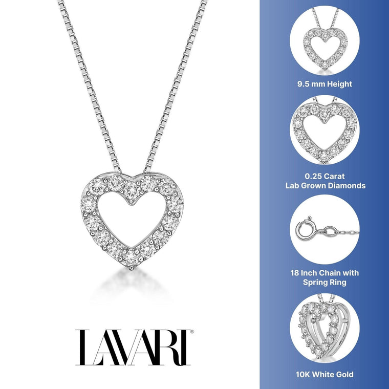0.25 Carat Lab Grown Diamond Heart Pendant Necklace for Women in 10k White Gold on 18 Inch Chain (G-H, VS2-SI1) Spring Ring 