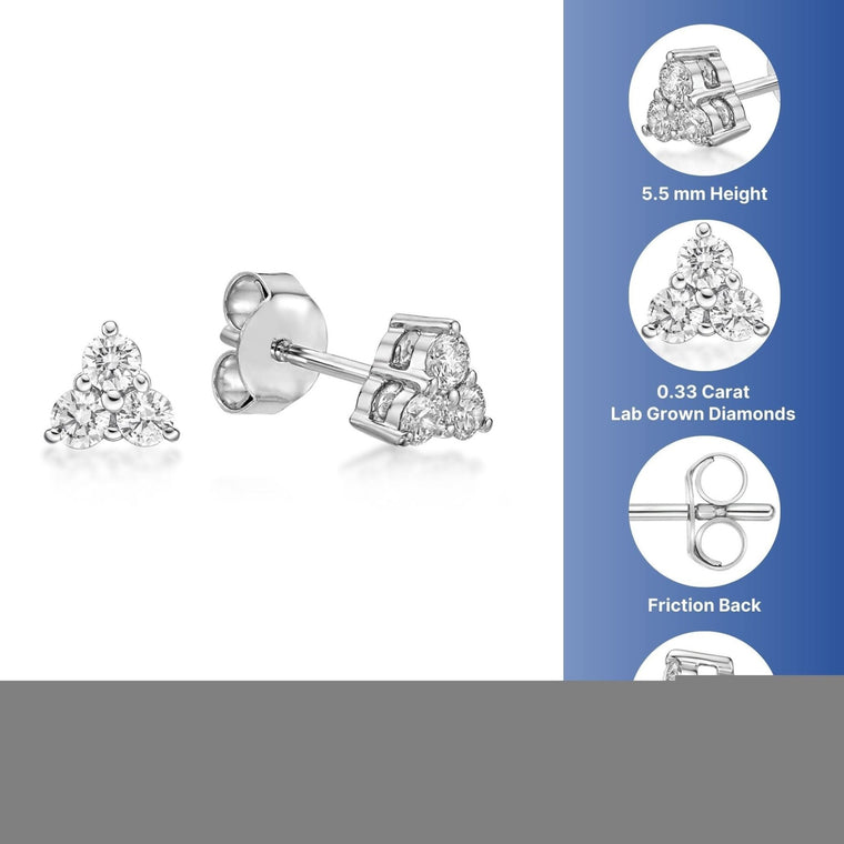 0.33 Carat Lab Grown Diamond 3 Stone Stud Earrings for Women in 10k White Gold (G-H, VS2-SI1) Post With Friction Back 