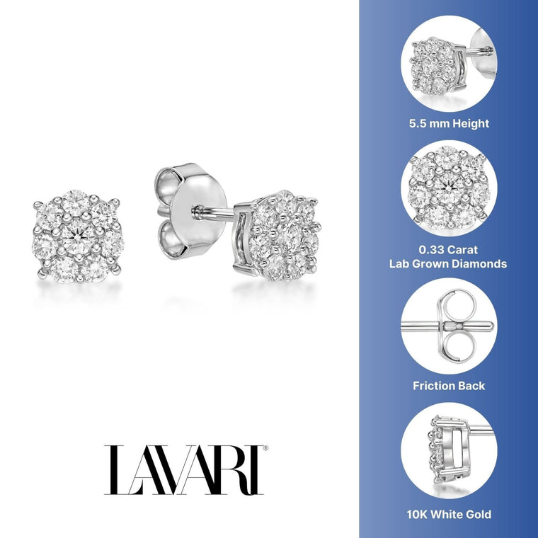 0.33 Carat Lab Grown Diamond Halo Stud Earrings for Women in 10k White Gold (G-H, VS2-SI1) Post With Friction Back 
