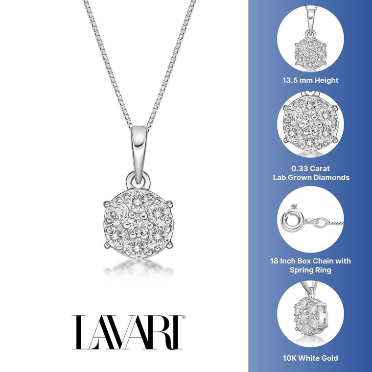0.33 Carat Lab Grown Diamond Round Pendant Necklace for Women in 10k White Gold on 18 Inch Chain (G-H, VS2-SI1) Spring Ring 