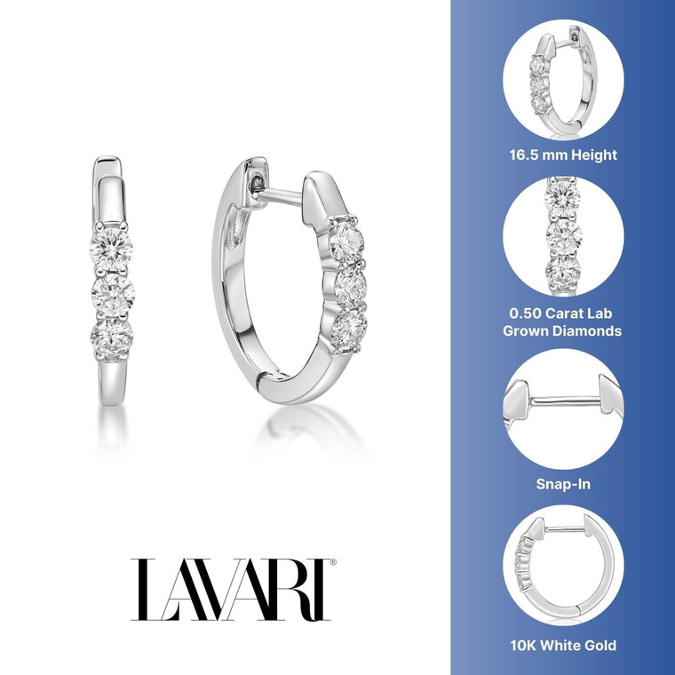 0.50 Carat Lab Grown Diamond 3 Stone Hoop Earrings for Women in 10k White Gold (G-H, VS2-SI1) Hinged Hoop 