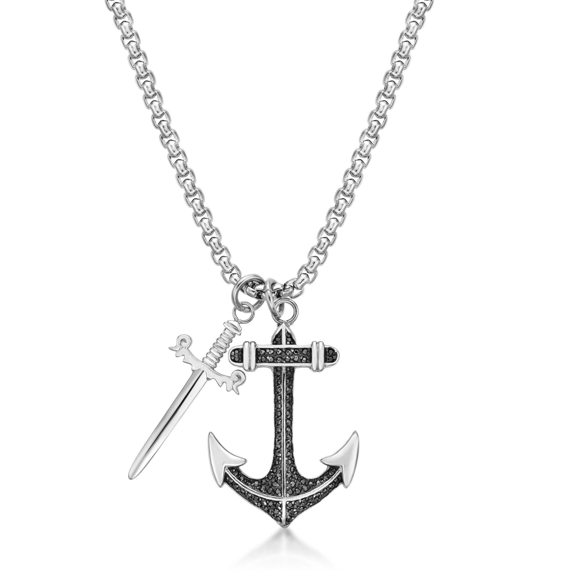 Anchor and Sword Pendant in Black Cubic Zirconia Stainless Steel