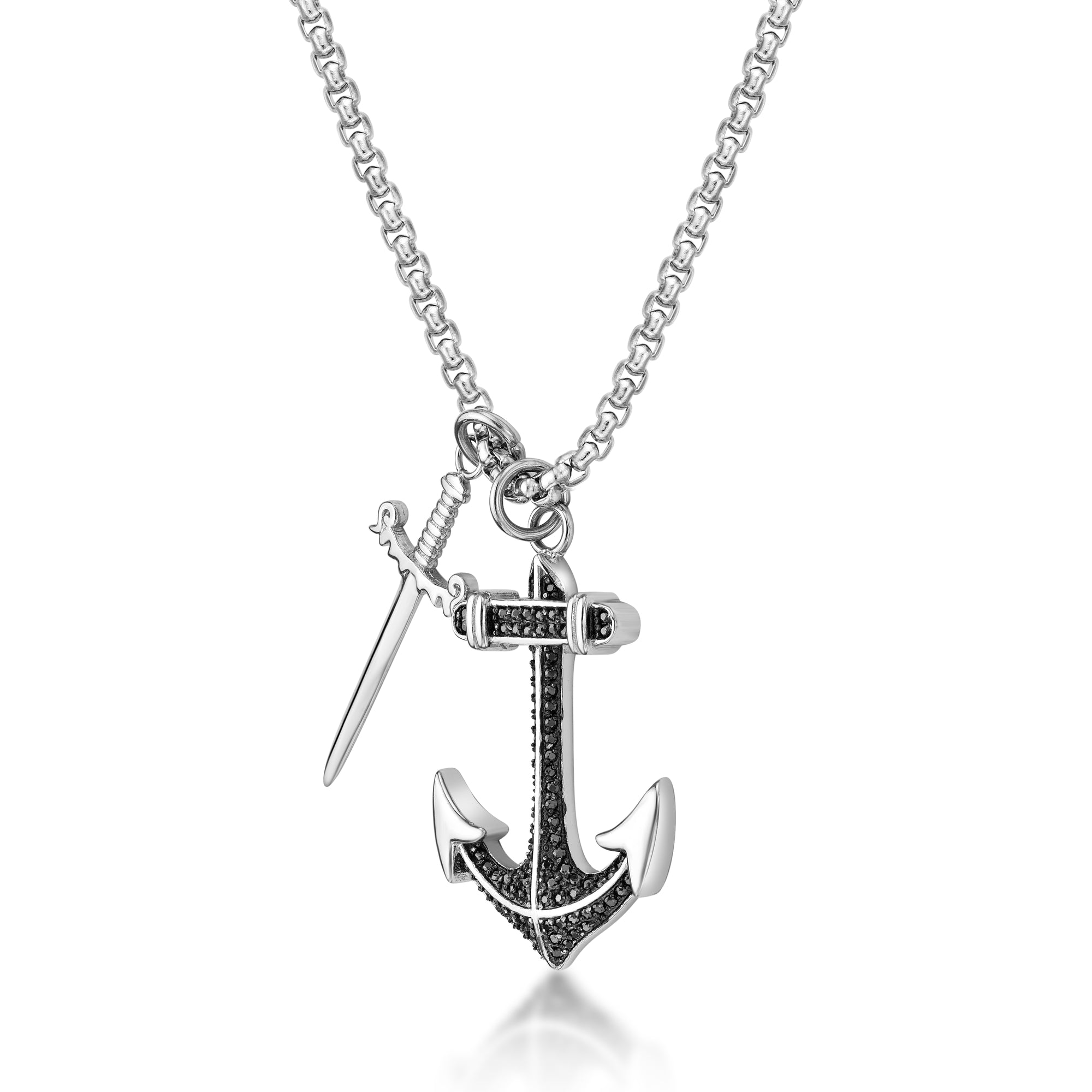 Anchor and Sword Pendant in Black Cubic Zirconia Stainless Steel