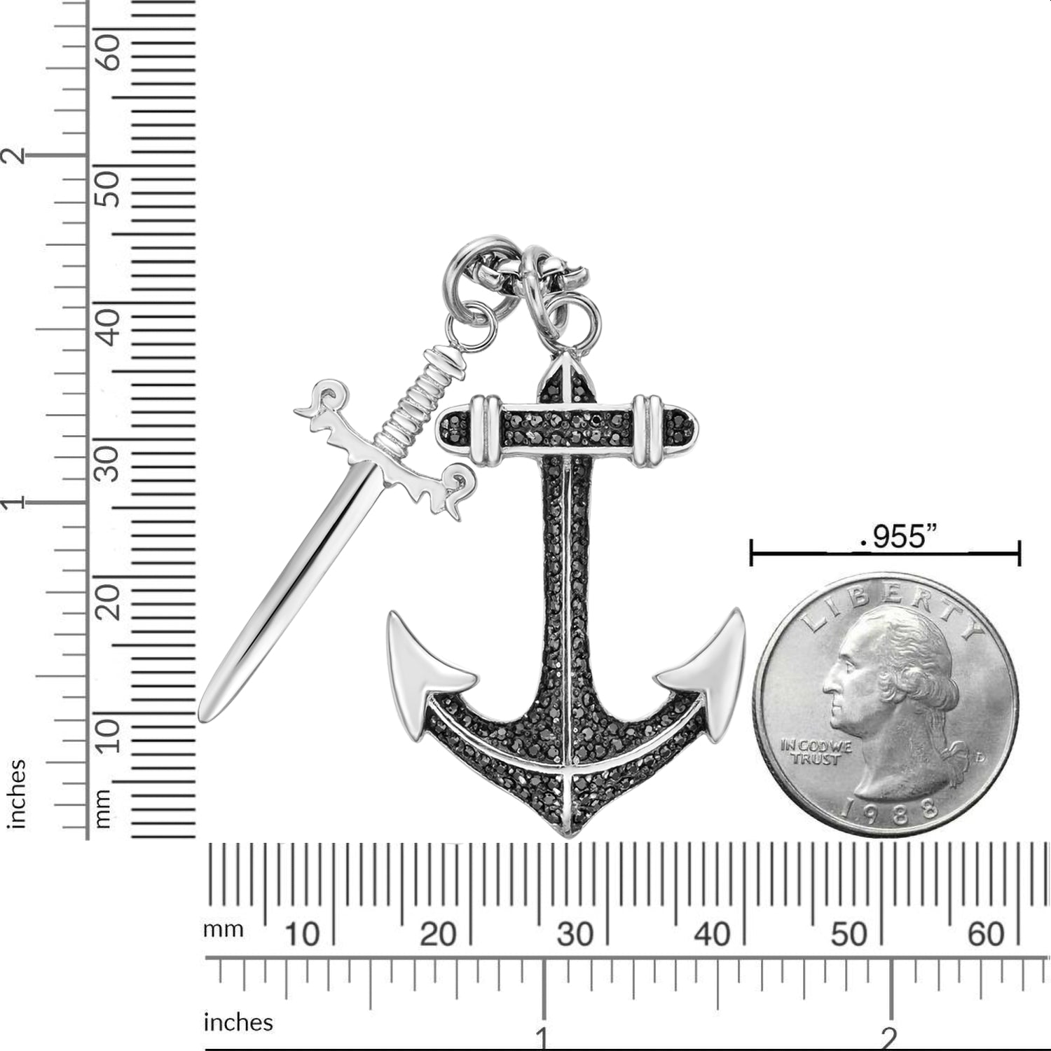 Anchor and Sword Pendant in Black Cubic Zirconia Stainless Steel