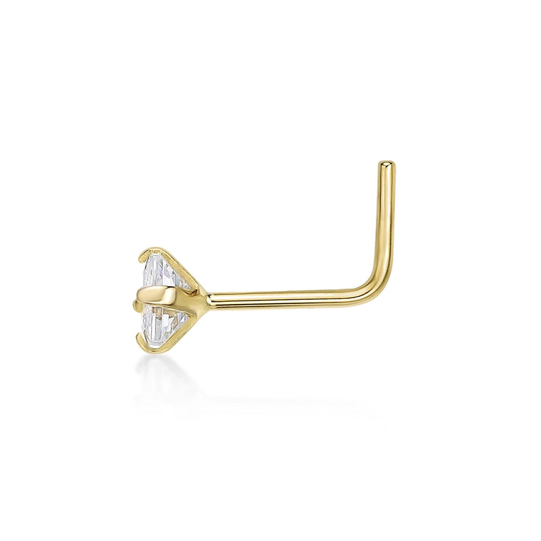 14K L-Shaped Cubic Zirconia Nose Ring - 20G